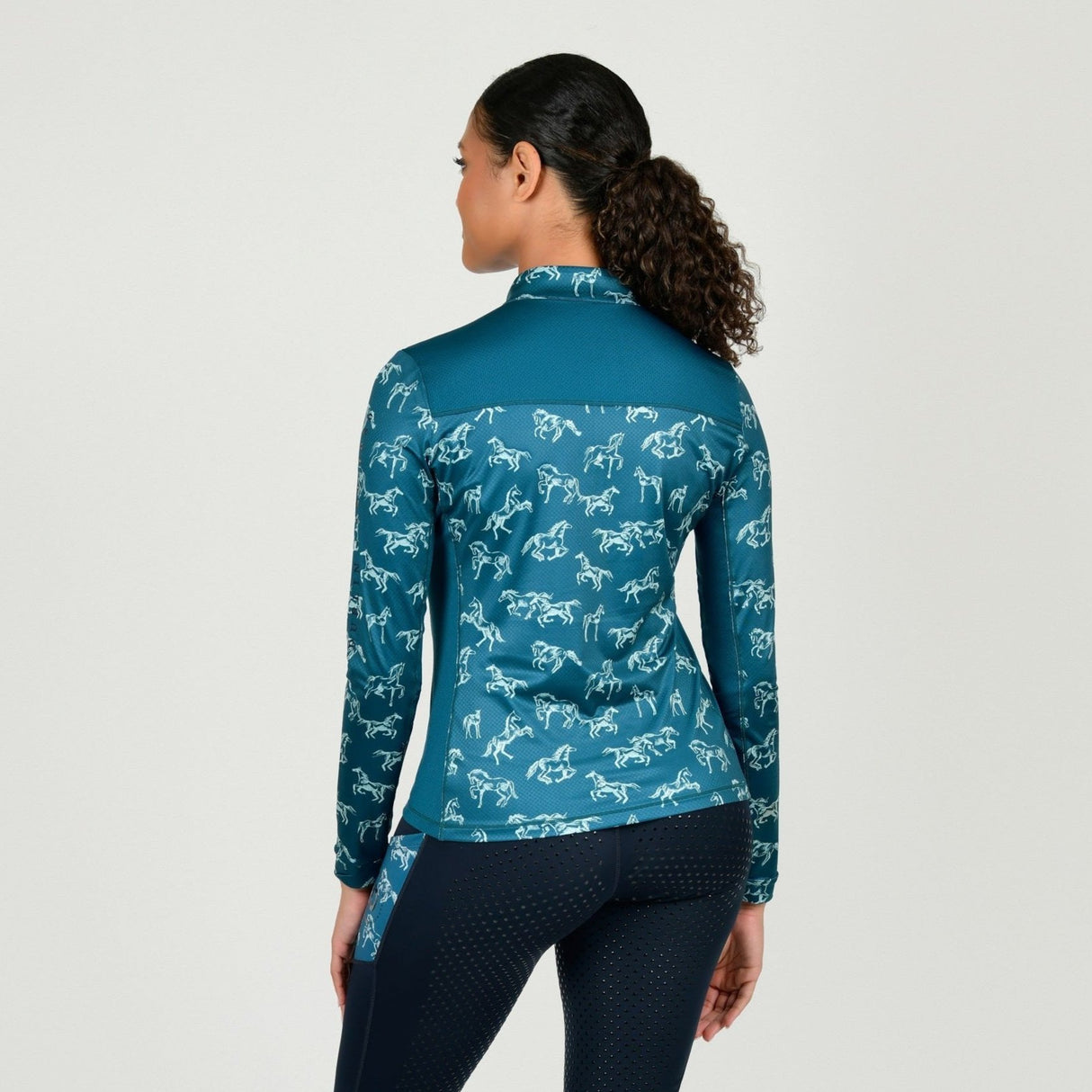 Dublin Ladies Autumn Sally Long Sleeve Riding Top #colour_legion-blue-frolicking-horses