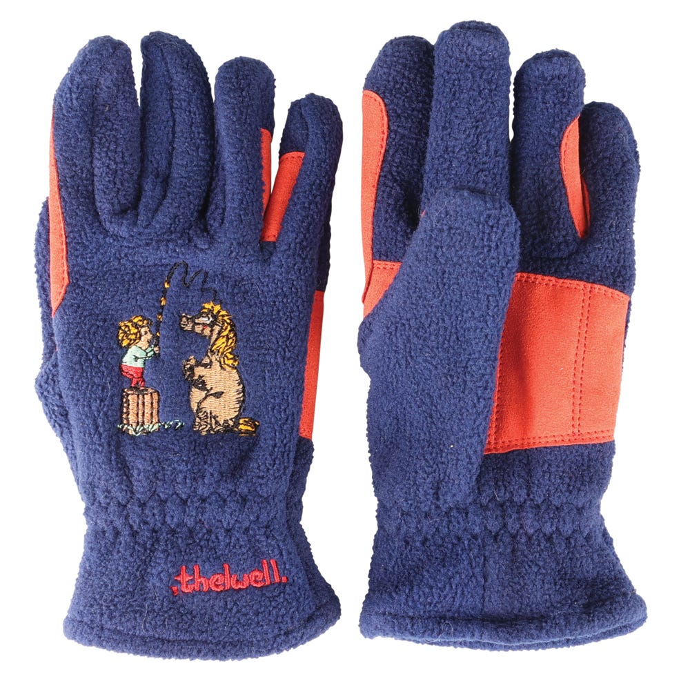 Hy Equestrian Thelwell Collection Practice Makes Perfect Children's Fleece Riding Gloves #colour_navy-red