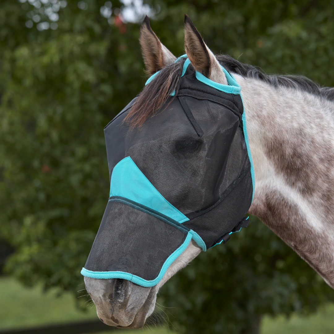 Weatherbeeta ComfiTec Deluxe Fine Mesh Mask With Nose #colour_black-turquoise